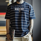 美式 体恤男夏季 复古撞色条纹短袖 海魂衫 T恤字母印花半袖 马登工装