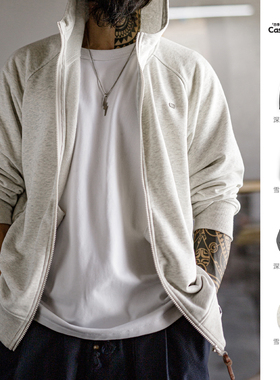 马登工装美式休闲灰色连帽卫衣宽松插肩袖开衫松弛长袖外套男款春