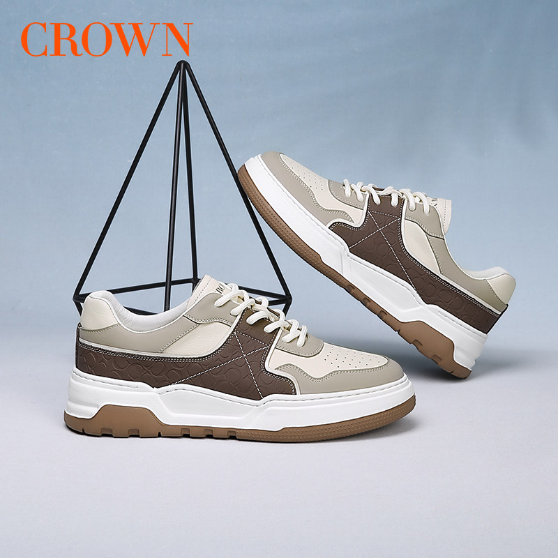 CROWN/皇冠男鞋新款百搭运动小白鞋男士真皮软底舒适透气休闲板鞋