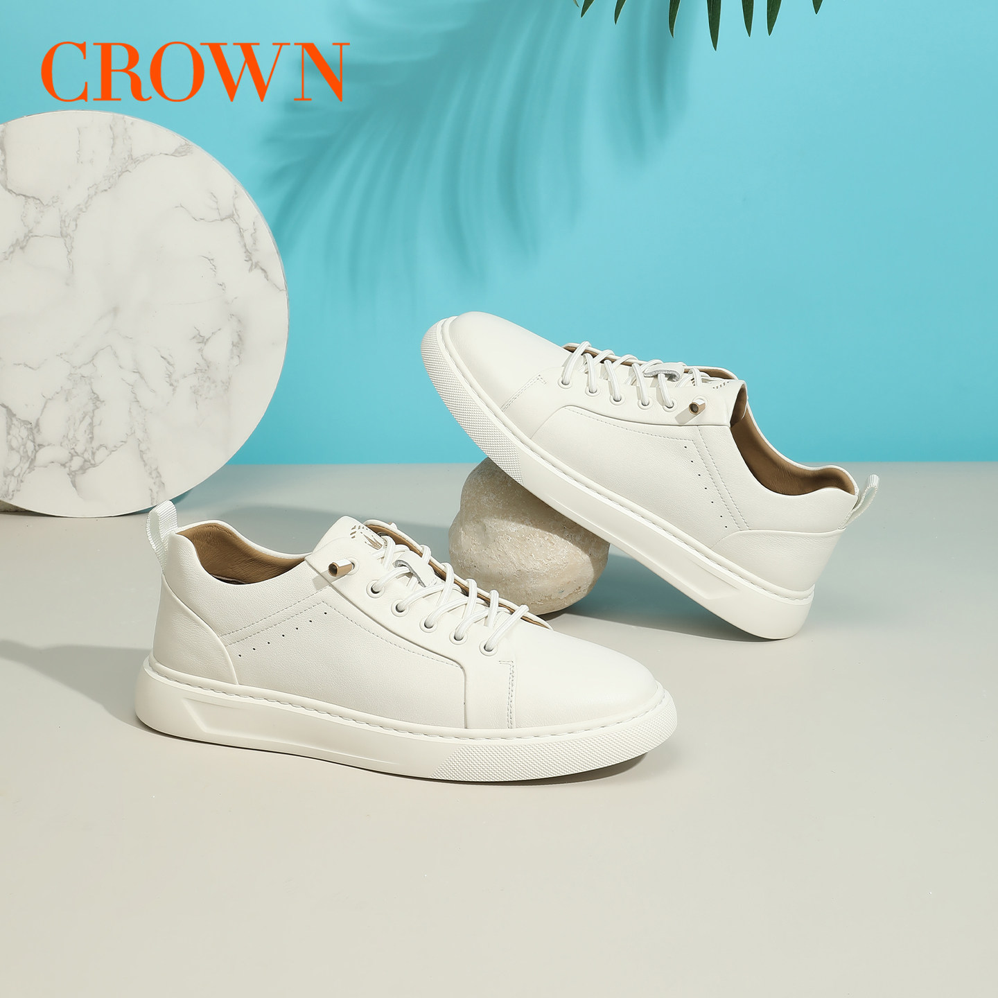 CROWN/皇冠头层牛皮小白鞋男款板鞋2025新款休闲百搭极简真皮男鞋