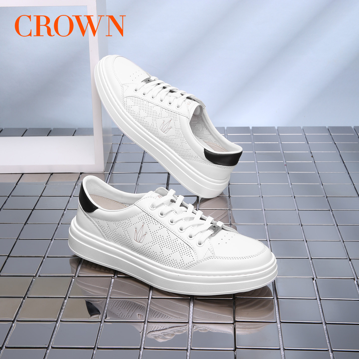 CROWN/皇冠休闲鞋男夏款透气真皮通勤小白鞋舒适板鞋运动男鞋