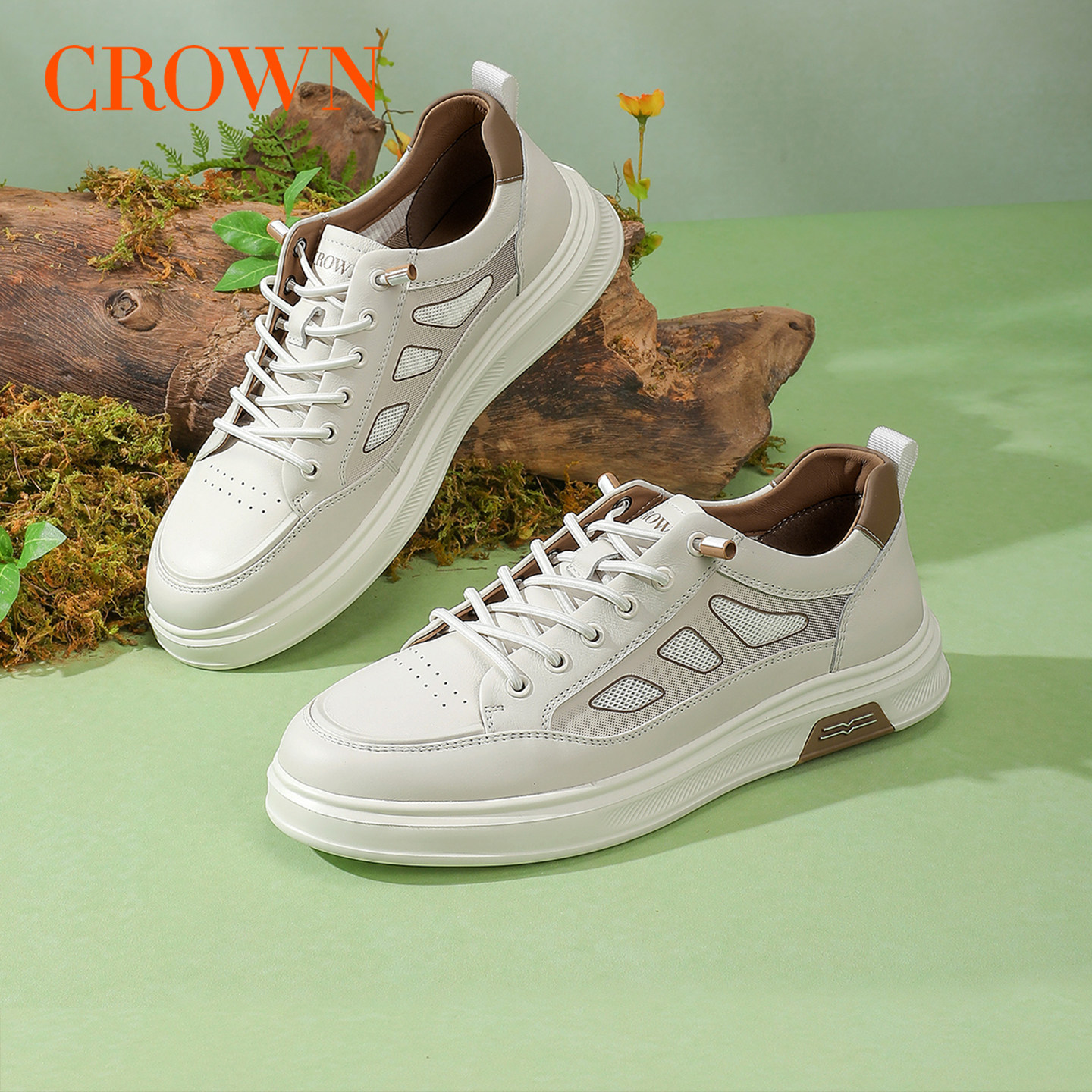 CROWN/皇冠户外休闲撞色舒适经典百搭真皮鞋板鞋休闲皮鞋男鞋