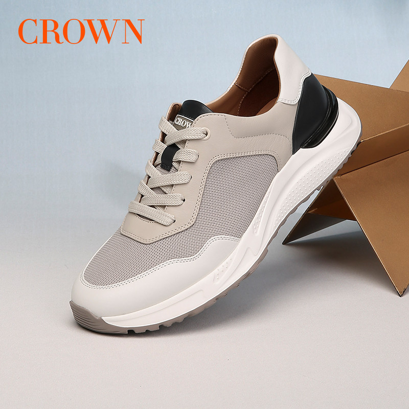 CROWN/皇冠休闲男鞋新款真皮透气休闲鞋轻便男士网面运动跑步鞋