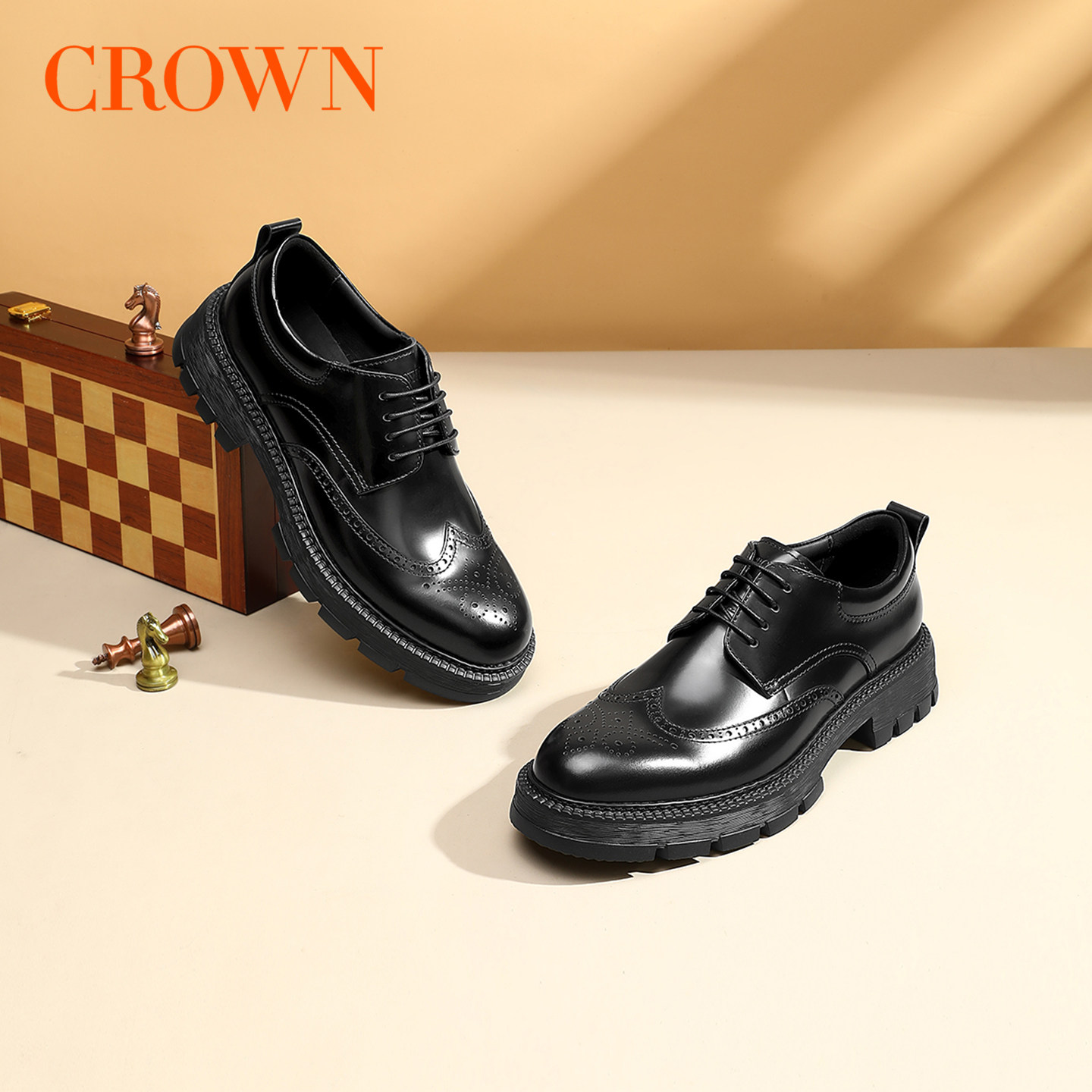 CROWN/皇冠牛皮布洛克商务正装皮鞋厚底高级德比鞋新郎结婚男鞋