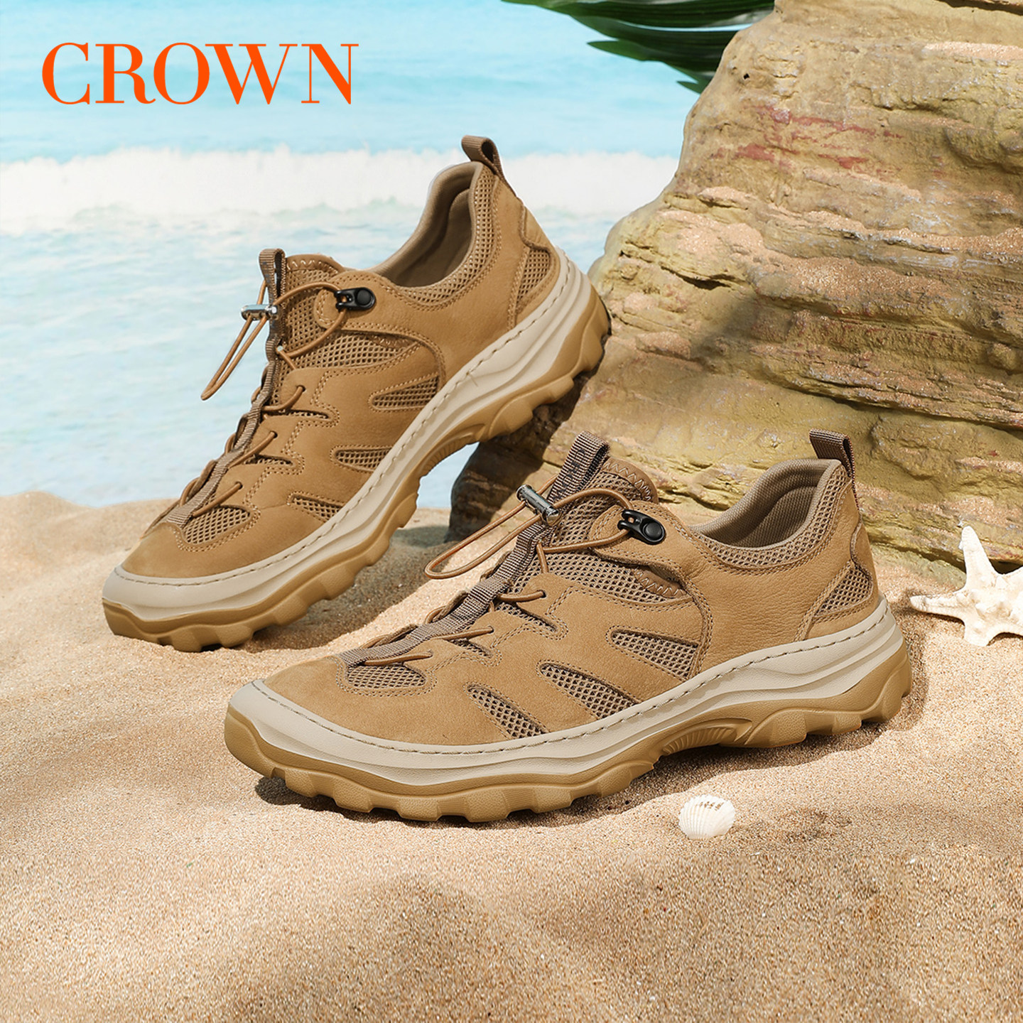 CROWN/皇冠冲孔透气皮凉鞋新款牛皮网布套脚轻便户外休闲板鞋男鞋