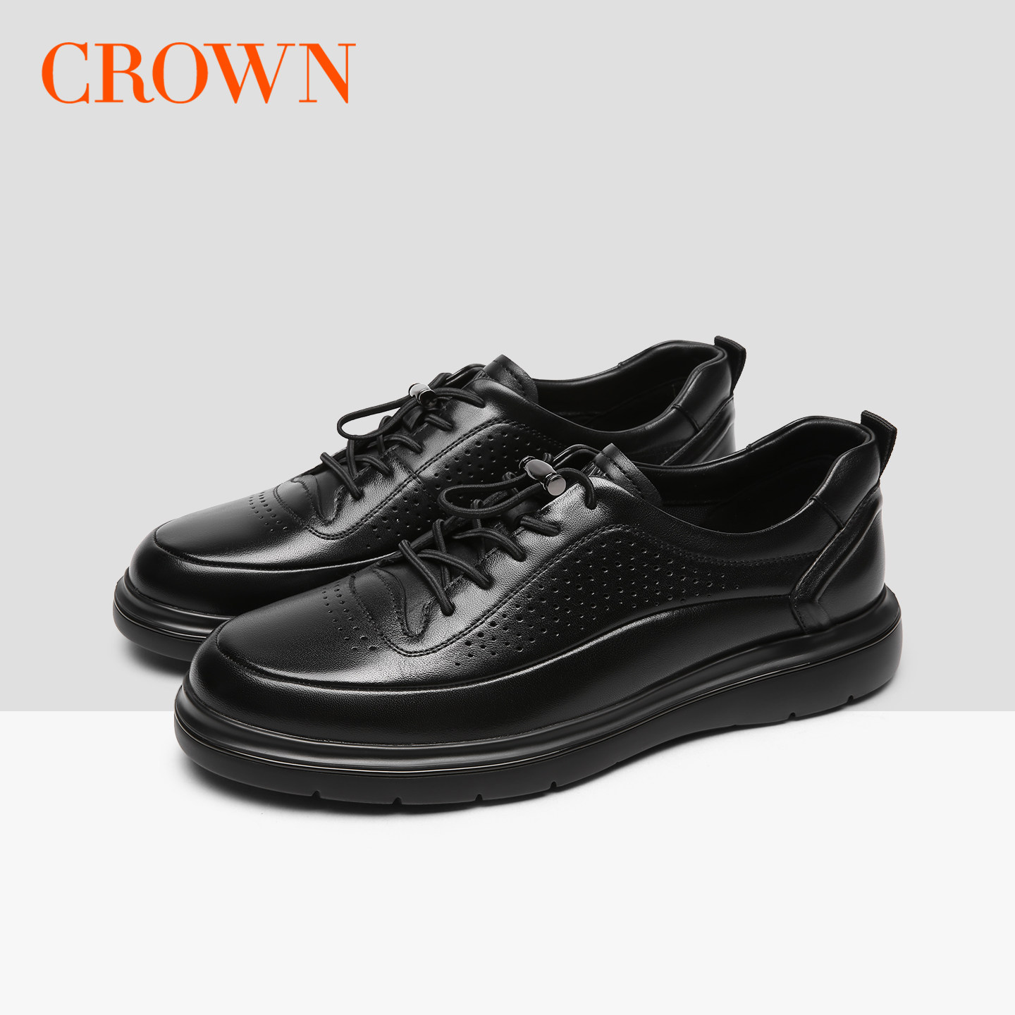 CROWN/皇冠真皮休闲鞋男牛皮夏季冲孔商务男鞋黑色透气鞋通勤皮鞋