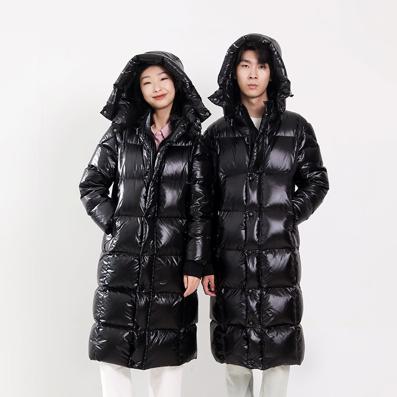 纯色长款连帽亮面白鸭绒