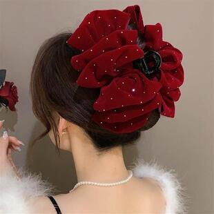 气质闪钻蝴蝶结发夹女后红色过年礼服公主头抓夹头饰脑勺鲨鱼夹子