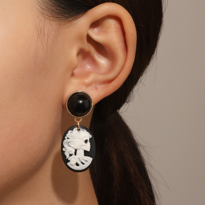 欧美气质油画女王古中耳钉复古ins巴洛克宫廷风做旧黑色头像耳环