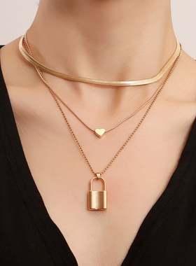 欧美饰品朋克多层扁蛇链挂锁爱心