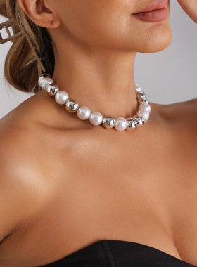 欧美跨境饰品银色圆球颈链夸张个