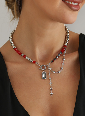 欧美跨境饰品甜酷黑红撞色串珠项