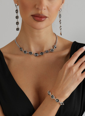 欧美跨境饰品几何黑钻宝石项链耳