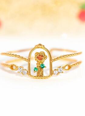 跨境爆款欧美童话美女与野兽小公主戒指小众设计彩色玫瑰花指环女