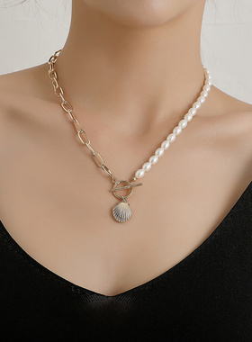 欧美跨境饰品米粒珍珠锁形扇贝吊