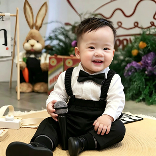 男宝宝周岁礼服套装秋季男童长袖衬衫小童背带裤抓周生日宴小西装