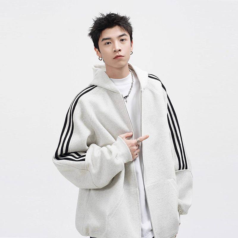 洋气潮牌美式重磅连帽卫衣三条杠条纹开衫外套男女春秋季百搭休闲,男装,大码上装,淘宝优惠券,粉丝福利购,淘宝优惠卷