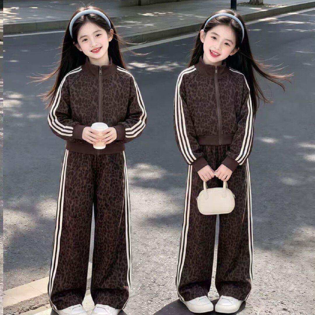 女童秋季韩版豹纹外套阔腿裤套装