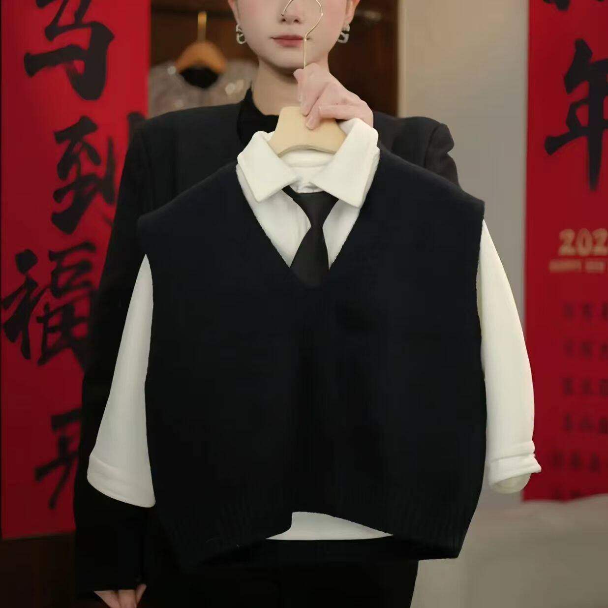 韩版学院风加绒保暖马甲衬衫套装