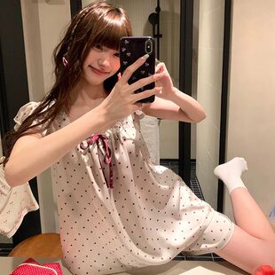 Kiai 外穿冰雪丝睡衣女夏波点小飞袖短裤套装冰丝凉感高级家居服