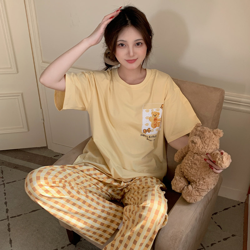 Kiai Pocket 女士睡衣秋冬纯棉短袖长裤两件套休闲家居服