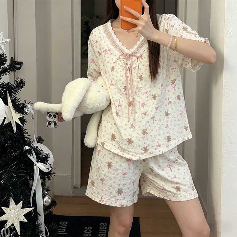 Kiai 可外穿带胸垫纯棉双层纱布睡衣女夏全棉短袖短裤套装家居服
