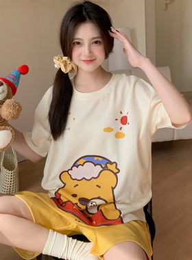 Kiai 可外穿女士睡衣夏季纯棉短袖短裤两件套休闲家居服全棉套装