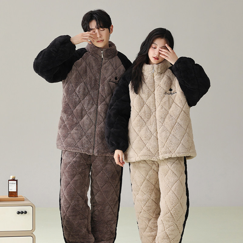 Kiai 可外穿冬季情侣睡衣女夹棉三层加绒加厚保暖可外穿珊瑚绒男