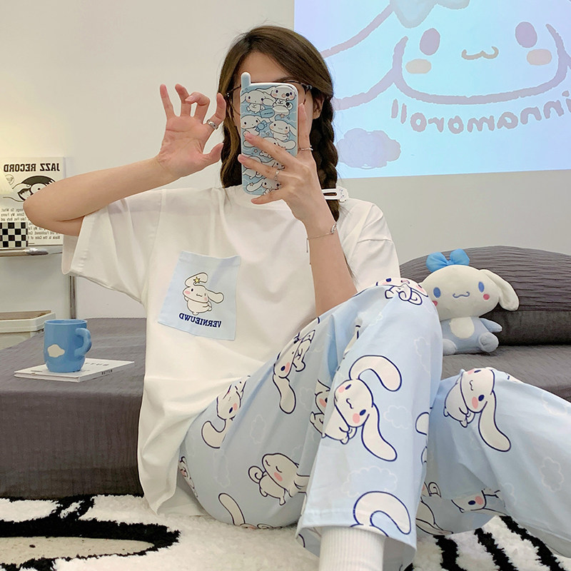 Kiai【纯棉】睡衣女夏秋全棉上衣短袖长裤两件套装家居服学生外穿