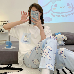 Kiai【纯棉】睡衣女夏秋全棉上衣短袖长裤两件套装家居服学生外穿