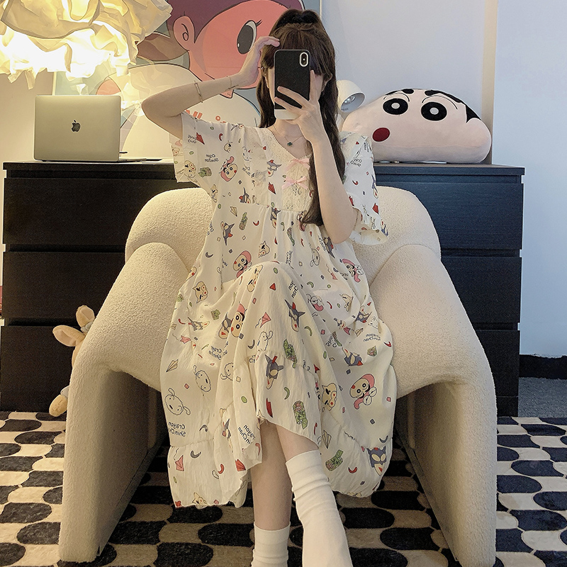 Kiai 250斤胖MM夏季睡衣女云朵棉睡裙可爱甜美卡通短袖中长裙家居