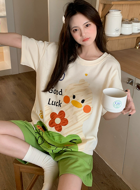 Kiai 可外穿女士睡衣夏季纯棉短袖短裤两件套休闲家居服全棉套装