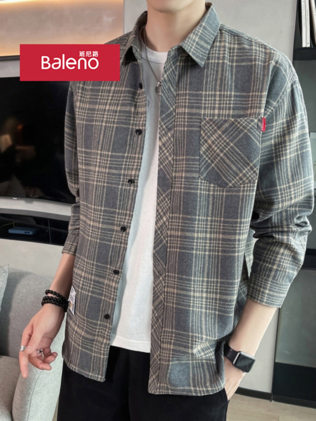 班尼路格子衬衫男士春秋季潮流休闲宽松长袖衬衣男装秋装工装外套