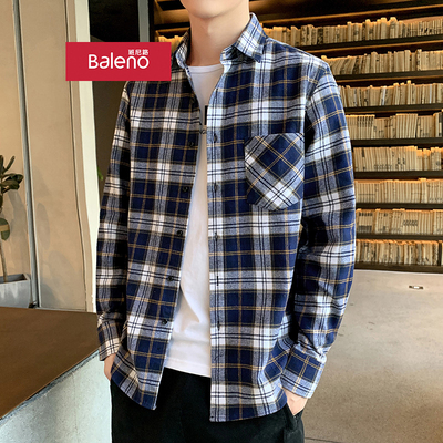 班尼路格子衬衫男长袖纯棉外套潮