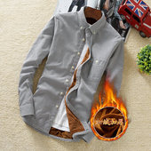 男秋冬季 新款 青年修身 以加绒加厚衬衫 纯色长袖 白学生保暖衬衣寸純