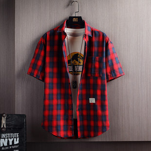 短袖格子衬衫男款韩版修身潮流2026夏季百搭帅气休闲外套ins潮牌