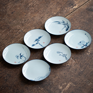 复古青花茶杯垫托日式手绘杯托陶瓷茶垫隔热茶托功夫茶道茶具配件