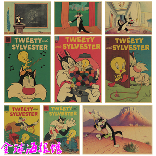 傻大猫和崔弟 卡通动漫海报牛皮纸贴纸复古怀旧装饰画咖啡厅挂画