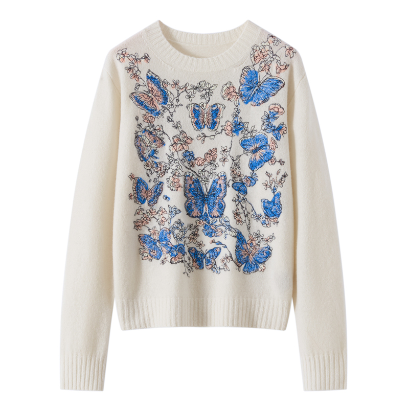 重工刺绣蝴蝶圆领羊绒衫女