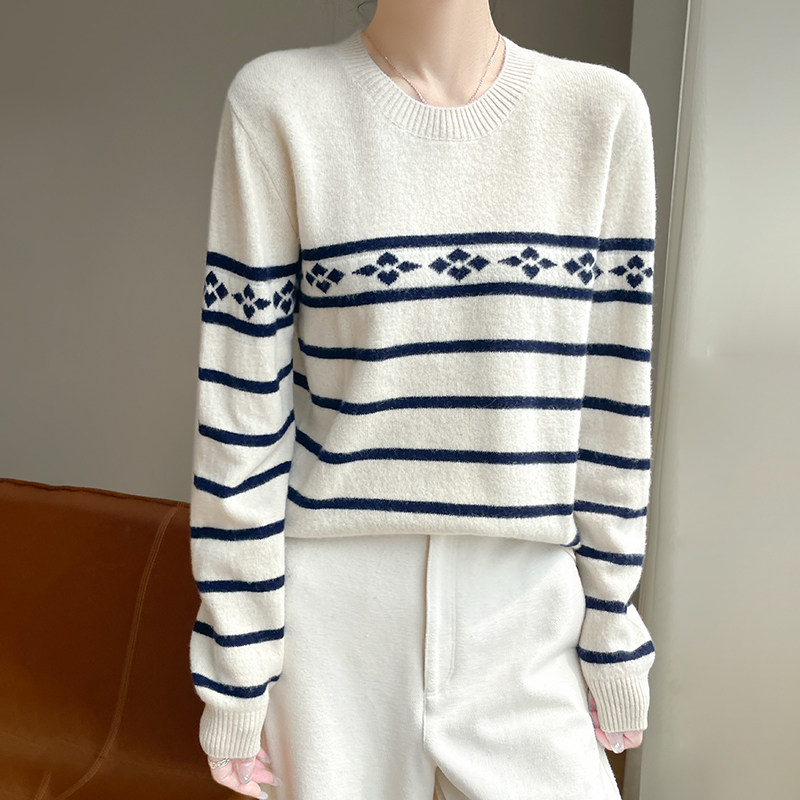 秋季圆领长袖套头条纹菱形格时尚百搭羊毛衫针织衫宽松毛衣洋气女