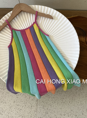 韩国童装2023夏季新款连衣裙女童彩虹条纹吊带裙小女孩背心公主裙