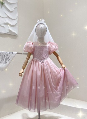女童连衣裙2022新款夏装高端生日迪士尼公主裙儿童韩版粉色礼服裙