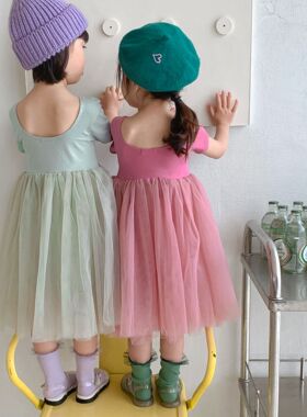 女童露背公主连衣裙2022夏款韩版儿童短袖蓬蓬纱裙宝宝生日礼服裙