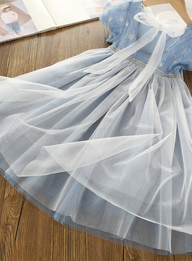 女童蓝色冰雪奇缘雪花裙女宝宝公主裙小女孩网红卡通动漫纱裙