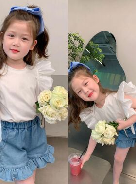 韩国童装女童2023夏季新款套装儿童飞袖圆领上衣牛仔短裤两件套潮