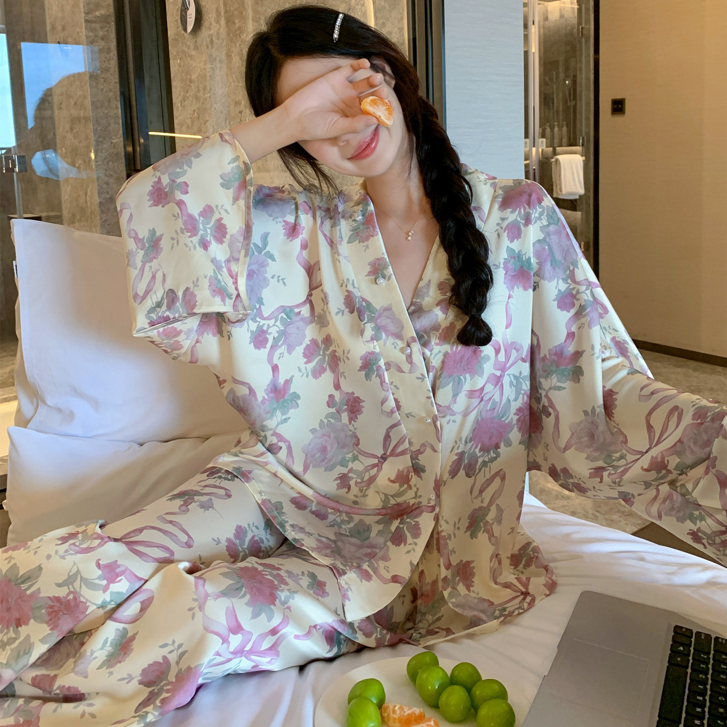 冰丝睡衣女士春秋季长袖和服开衫