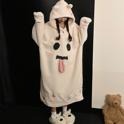 星星珊瑚绒睡袍女长袖秋冬季连帽