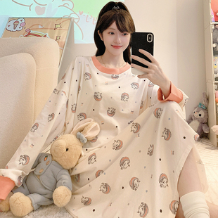 特大码睡裙女300斤纯棉春秋冬季长袖长裙孕妇宽松卡通睡衣家居服