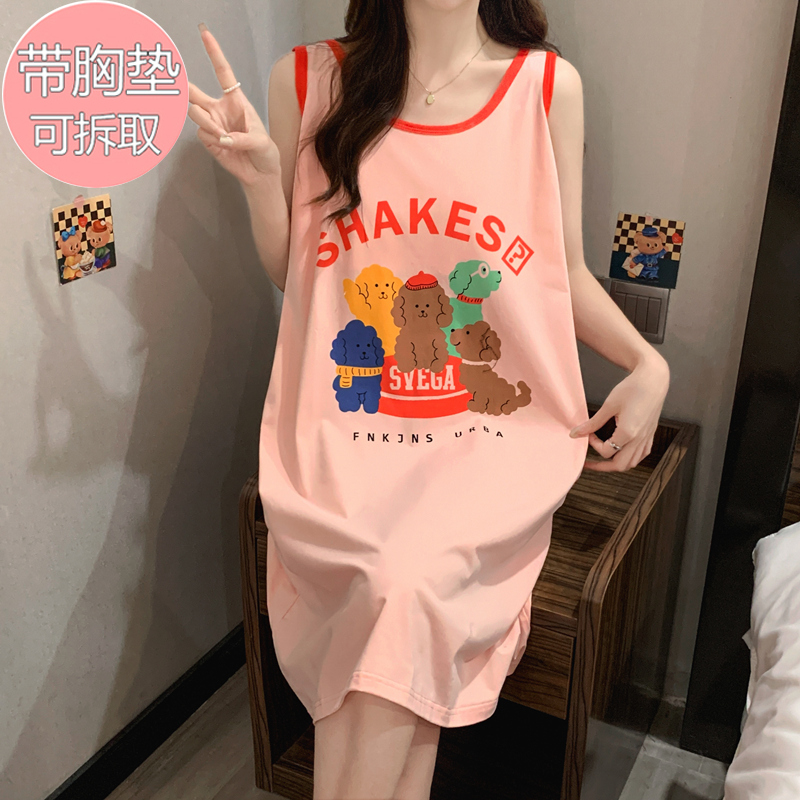 睡裙女夏季无袖带胸垫纯棉背心胖mm200斤卡通全棉宽松大码家居服