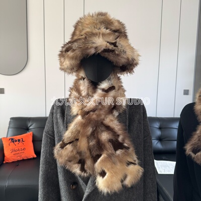 仿狐狸毛皮草帽子围巾一体